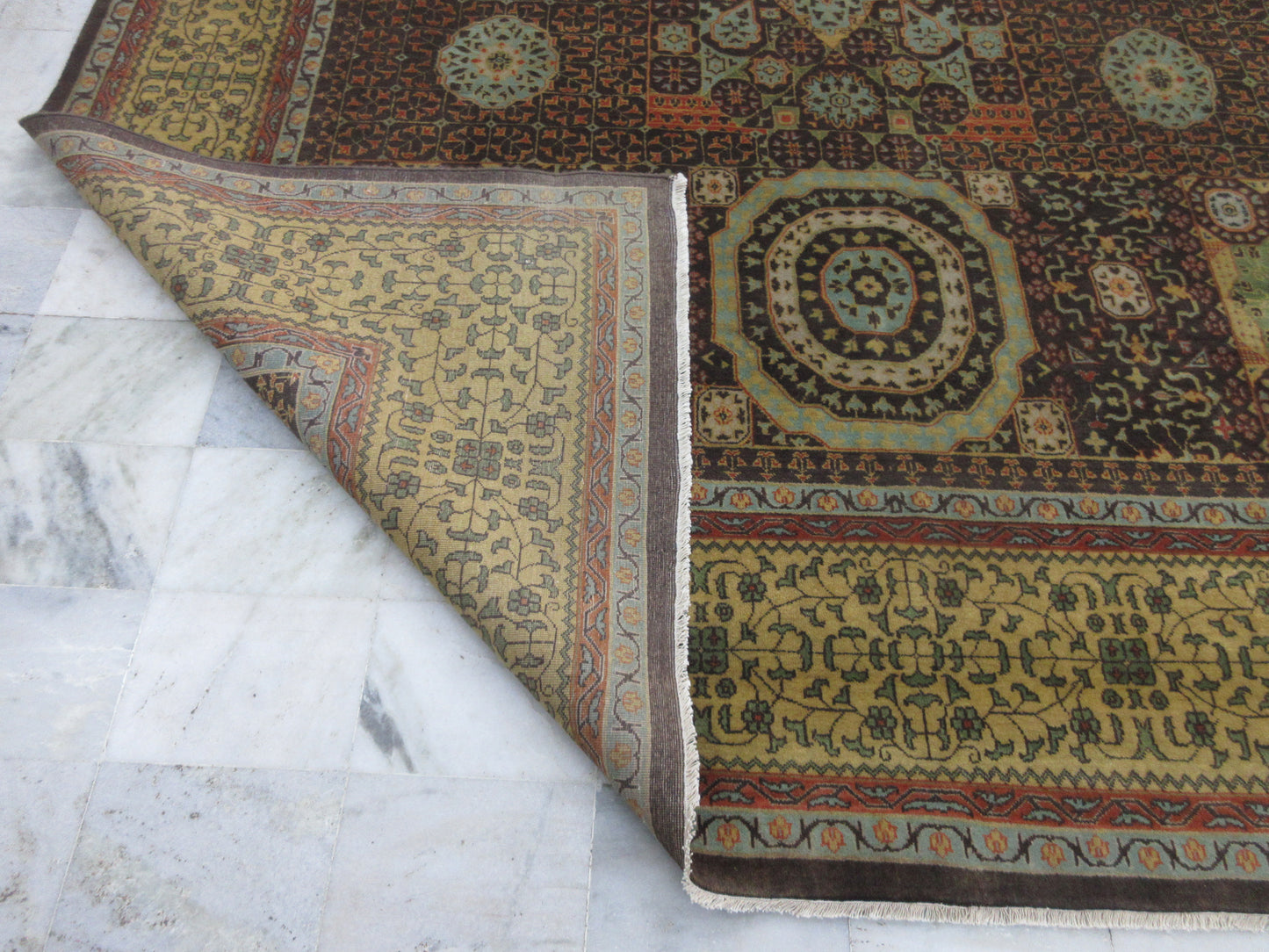 Antique Persian 12X9 ft Handmade Wool Oriental Rug – Unique Geometric Medallion Design in Brown & Gold