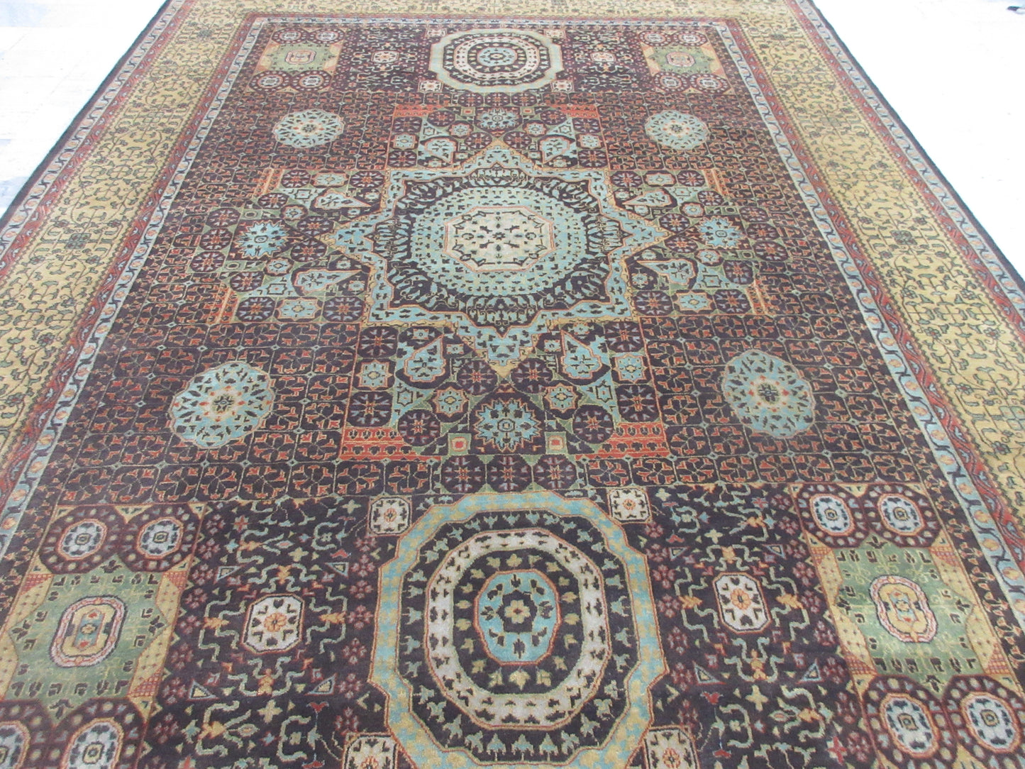 Antique Persian 12X9 ft Handmade Wool Oriental Rug – Unique Geometric Medallion Design in Brown & Gold