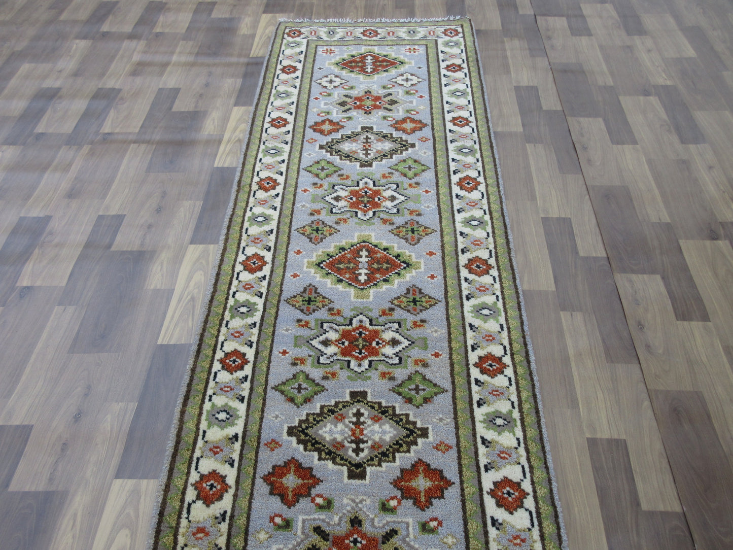 Hand Knotted Kazak Wool Rug 8x2.6ft Blue & Ivory Runner Bedroom Kitchen Carpet