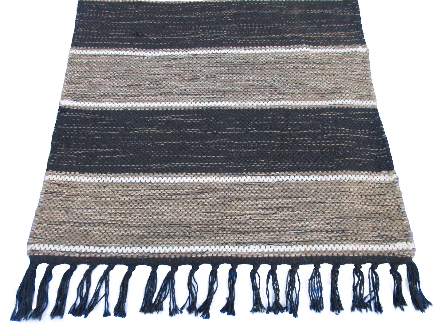 Handwoven Black and Beige Striped Area Rug with Fringe – Bohemian-Style Home Décor